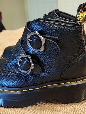 Dr. Martens Kids Black Floral Buckle Platform Booties